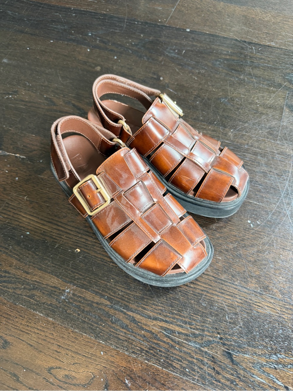 Women’s Brown Leather Fisherman Sandals with Gold Buckle